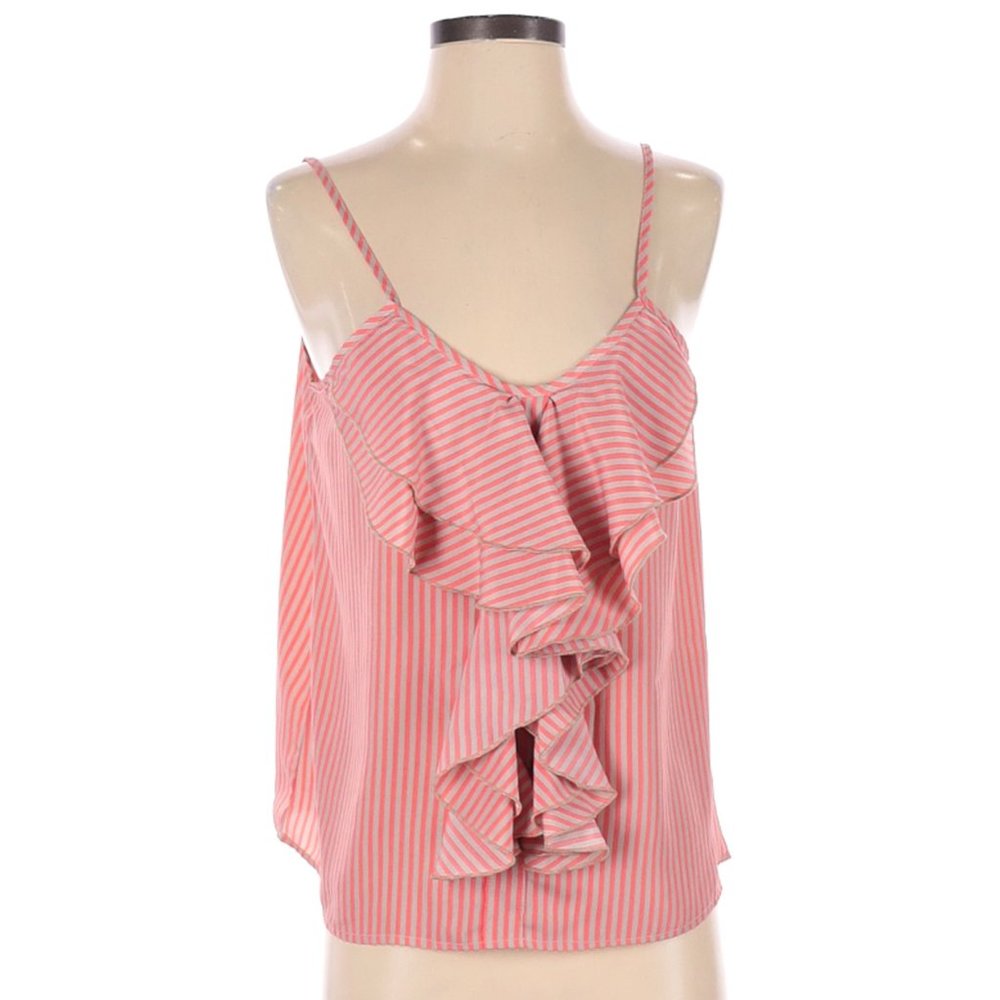 Gypsy Junkies Ruffle Front Striped Sleeveless Top Tan Coral